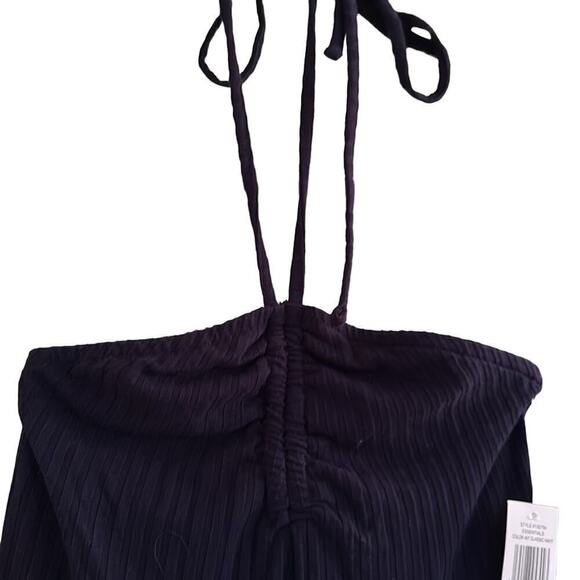 1. State Women’s Ribbed High Slit Halter Neckline Smocked Back Maxi Sz S Navy - Picture 6 of 8